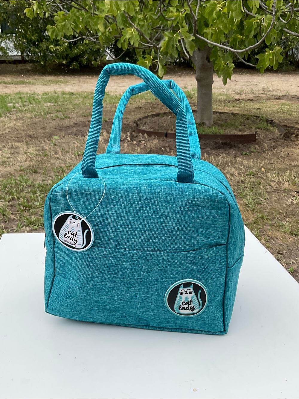 “New With Tags” Cat Lady Lunch Tote.  Teal Green.  Measures:  (8”H X 9”L X 5”W)